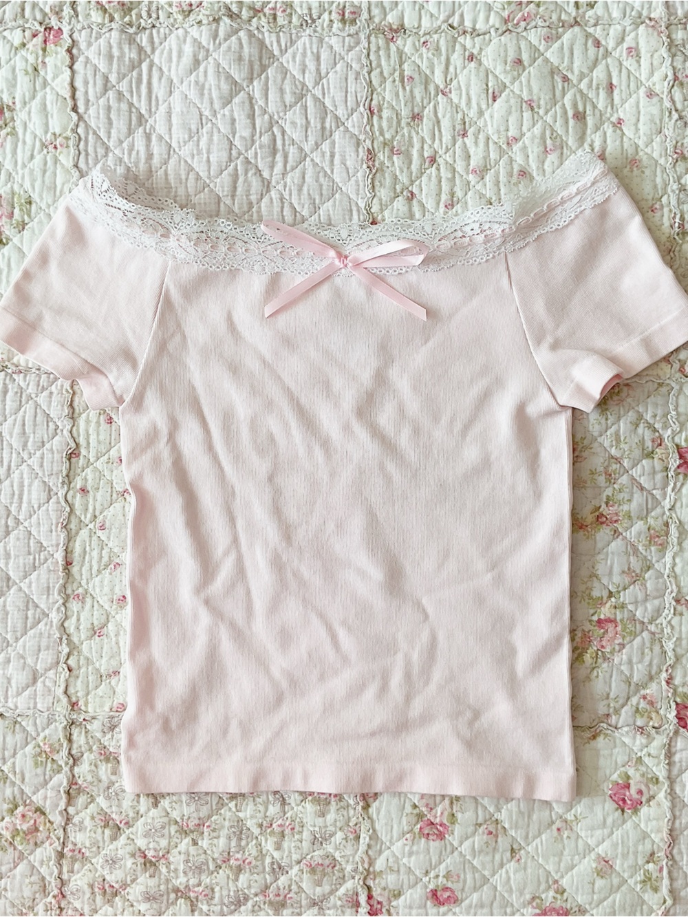 Coquette Pink Lace-Trim Off-Shoulder Top